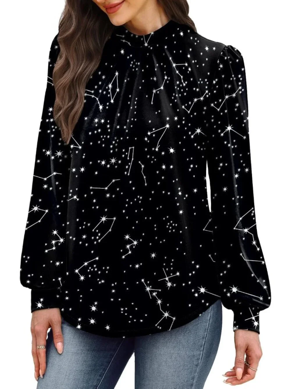 Women's Black Star Long Sleeve Shirt Pleated Front Blouses Dressy Mock Neck Top